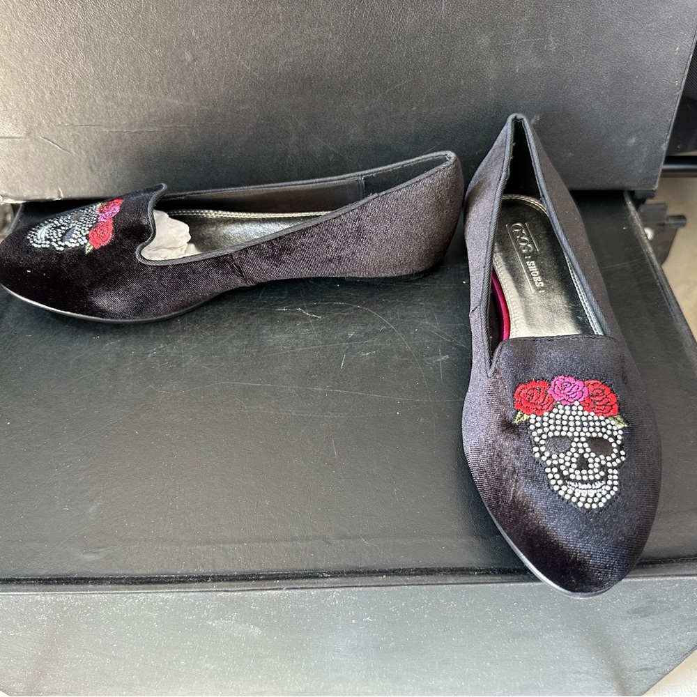Black Velvet Flats with Skull Embroidery & Rhinestones